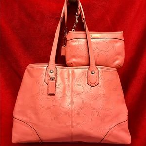 COACH PERFORATED LEATHER CARRYALL AND WRISTLET SET